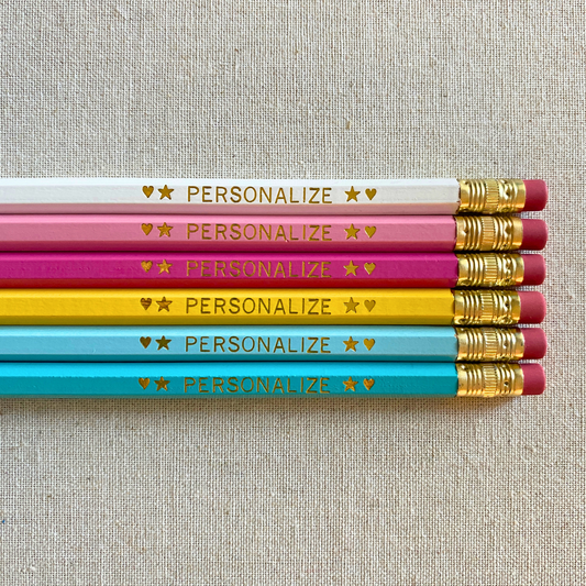 6 Personalized Pencils. White, Pastel Pink, Bright Pink, Yellow, Pastel Blue, Aqua. Customize with a name or a phrase.