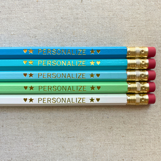 5 Personalized Pencils. Sky Blue, Aqua, Pastel Blue, Pastel Green, White. Customized with a name or phrase.