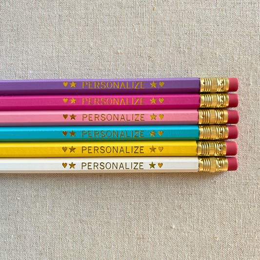 6 Personalized Pencils. Lilac, Bright Pink, Pastel Pink, Aqua, Yellow, White. Customize with a name or a phrase.