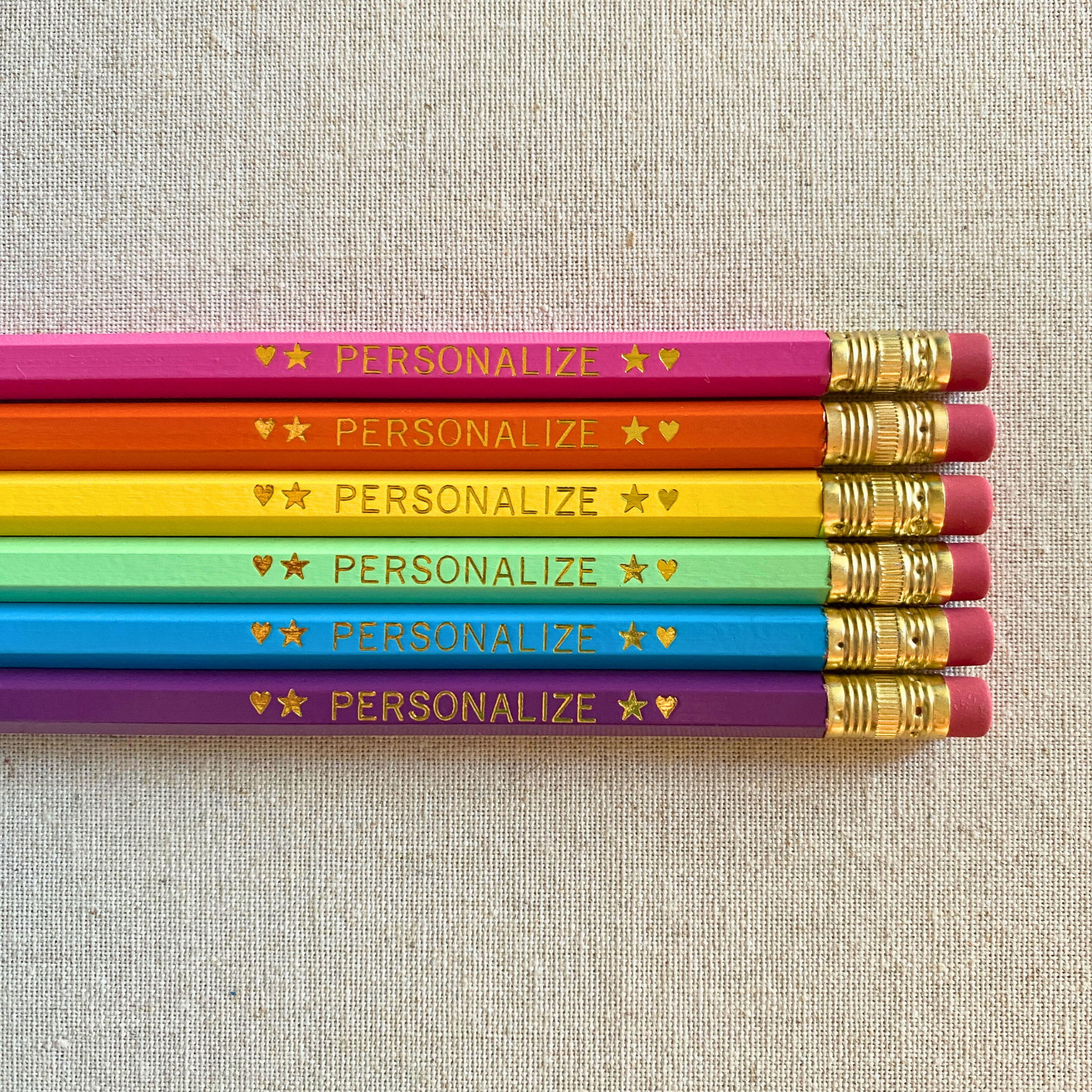 6 Personalized Pencils. Bright Pink, Orange, Yellow, Pastel Green, Sky Blue, Plum. Customize with a name or a phrase.
