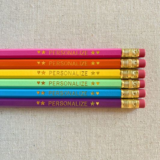 6 Personalized Pencils. Bright Pink, Orange, Yellow, Pastel Green, Sky Blue, Plum. Customize with a name or a phrase.