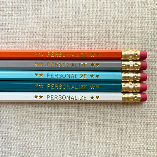5 Personalized Pencils. Orange, Gray, Pastel Blue, Teal, White. Customize with a name or phrase.