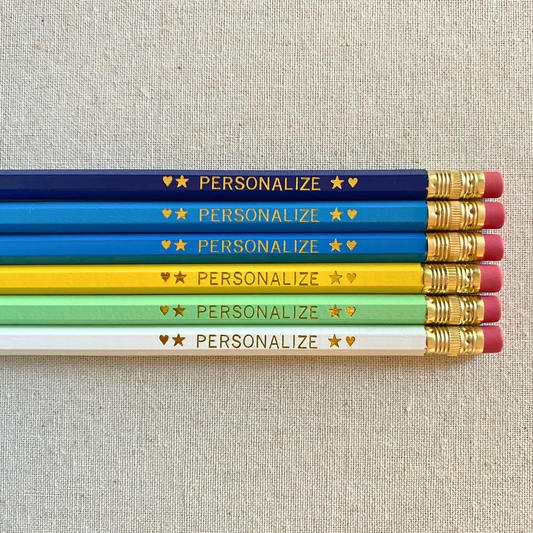 6 Personalized Pencils. Navy Blue, Bright Blue, Dark Turquoise, Yellow, Pastel Green, White. Customize with a name or a phrase.