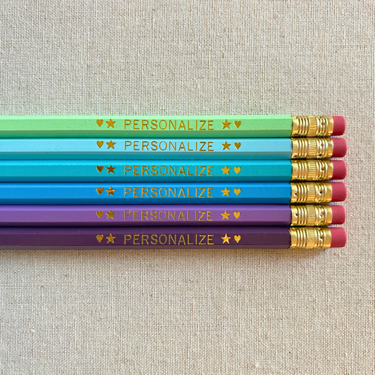 6 Personalized Pencils. Pastel Green, Pastel Blue, Aqua, Dark Turquoise, Lilac, Light Purple. Customize with a name or a phrase.