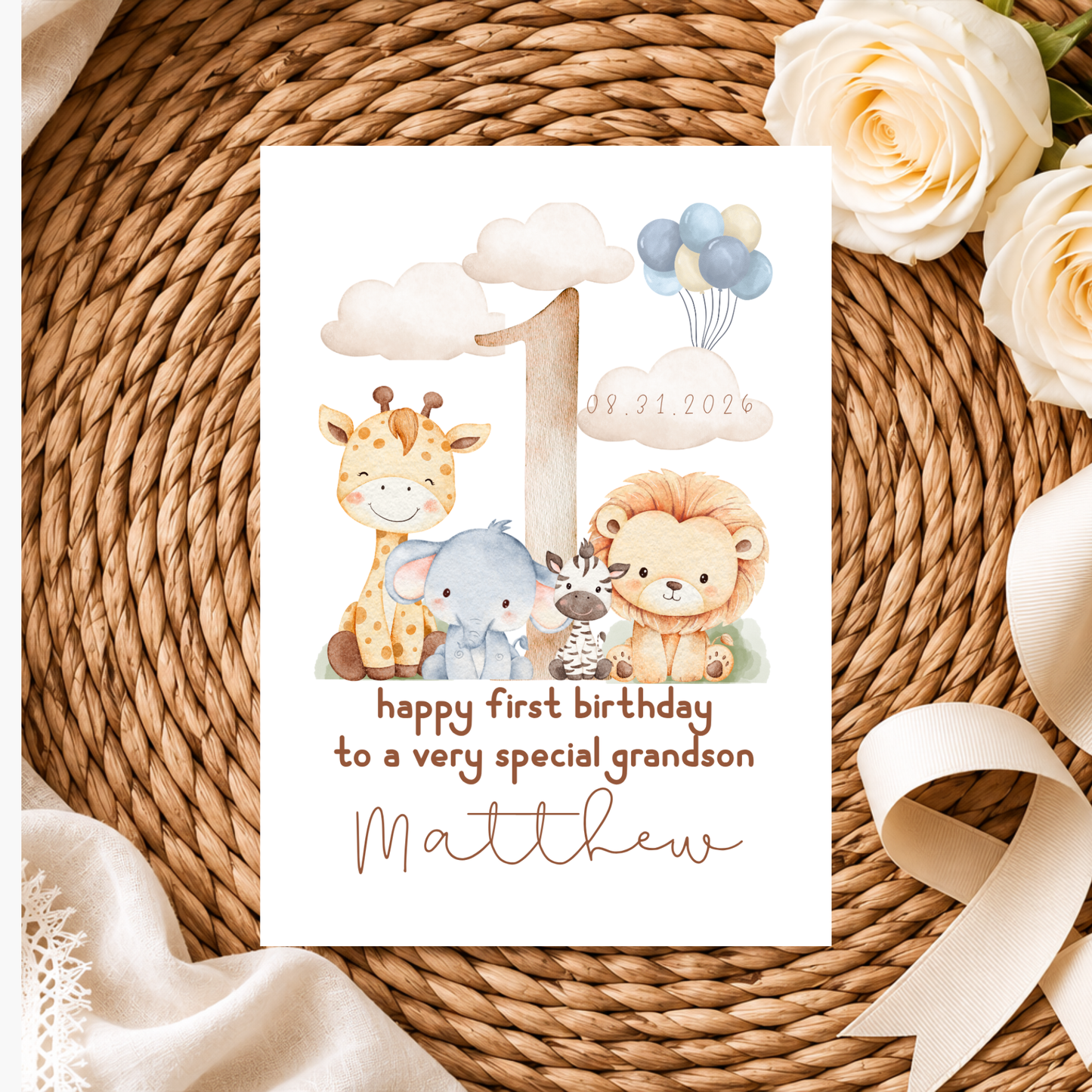 Personalized Safari First Birthday Card for Grandson, Keepsake Card (Optional Gold Foil)