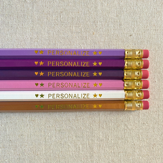 6 Personalized Pencils. Lilac, Plum, Violet, Lavender, White, Gold. Customized with a name or phrase.