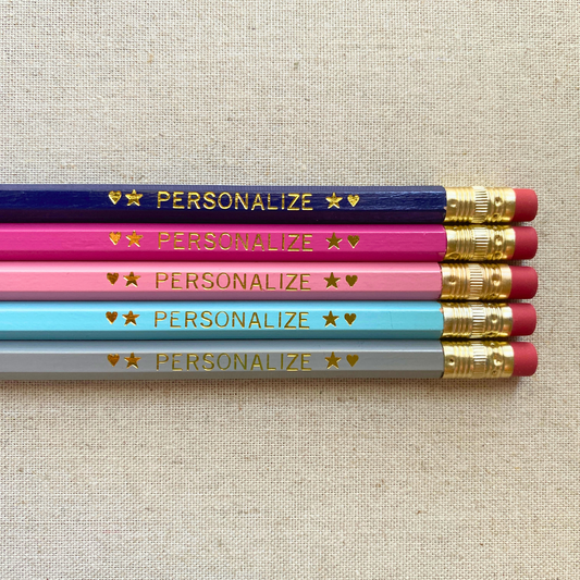 5 Personalized Pencils. Navy, Bright Pink, Pastel Pink, Pastel Blue, Gray. Customized with a name or a phrase.