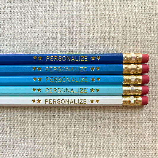 5 Gold Foil Personalized Pencils. Royal Blue, Bright Blue, Sky Blue, Pastel Blue, White. Customized with a name or phrase.
