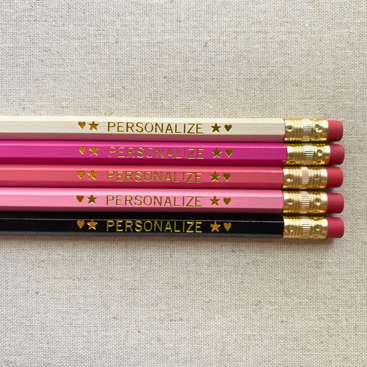 5 Personalized Pencils. Ivory, Bright Pink, Coral Pink, Pastel Pink, Black. Customize with a name or phrase.