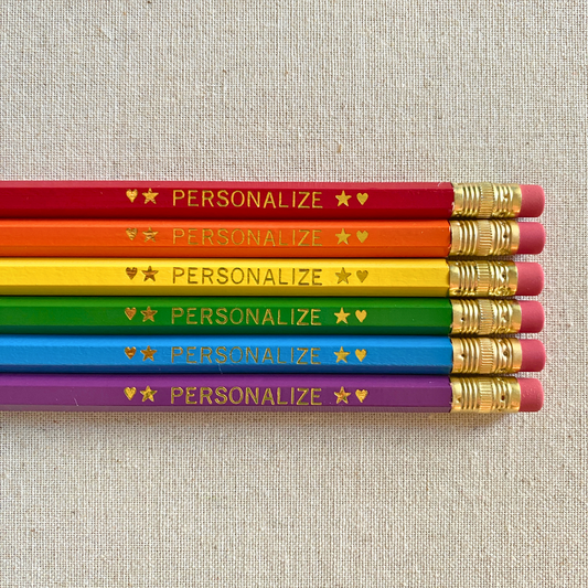 6 Personalized Pencils. Red, Orange, Yellow, Green, Bright Blue, Plum. Customize with a name or phrase.