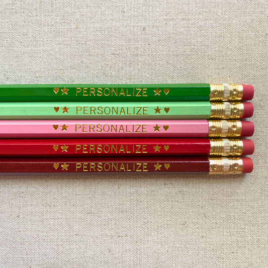 5 Personalized Pencils. Green, Pastel Green, Pastel Pink, Red, Burgundy. Customize with a name or phrase.