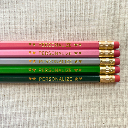 5 Gold Foil Personalized Pencils. Coral Pink, Pastel Pink, Gray, Green, Dark Green. Customize with a name or a phrase.
