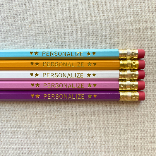 5 Gold Foil Personalized Pencils. Pastel Blue, Clementine, White, Lavender, Plum. Customize with a name or phrase.