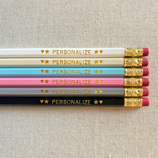 6 Personalized Pencils. White, Ivory, Pastel Blue, Pastel Pink, Gray, Black. Customize with a name or a phrase.