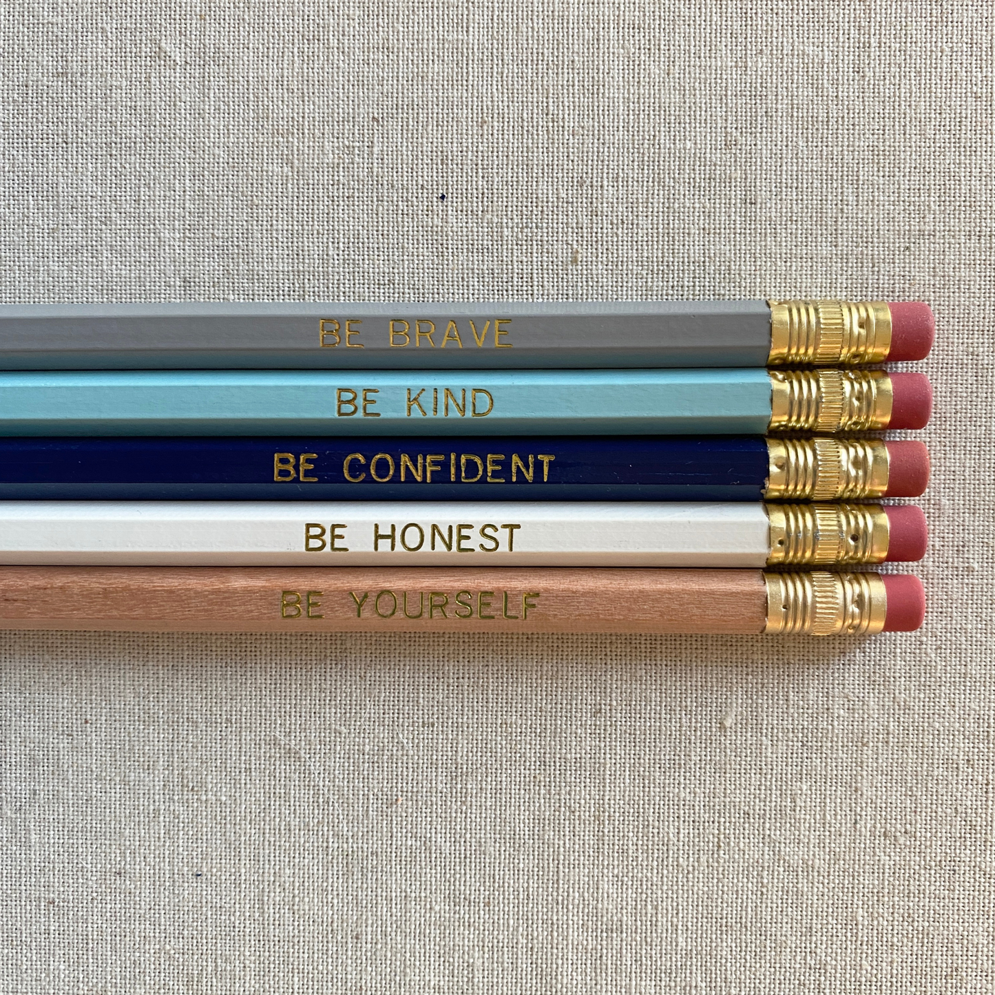 Set of 5 motivational personalized gray and blue pencil set flat lay with custom text hand-pressed made in the USA back to school gift