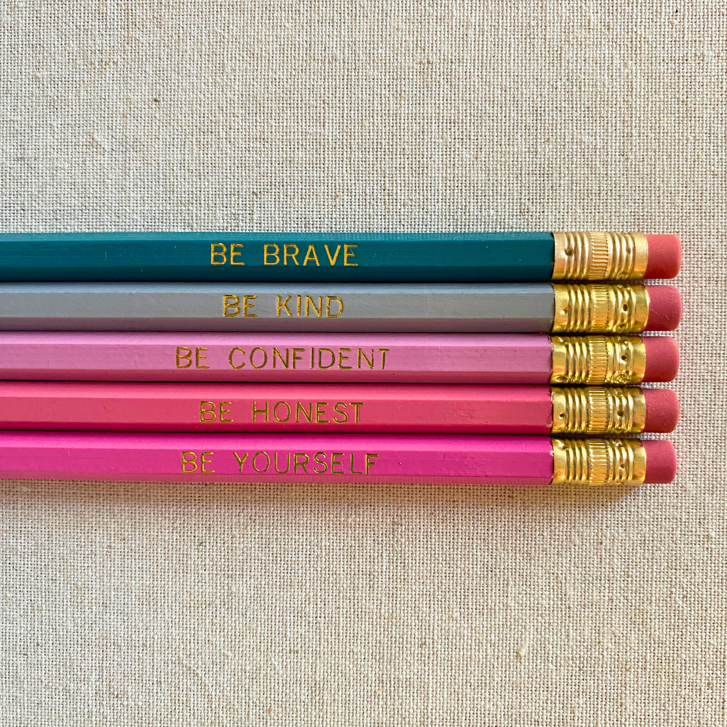 Set of 5 motivational personalized teal and pink pencil set flat lay with custom text hand-pressed made in the USA teacher appreciation gift