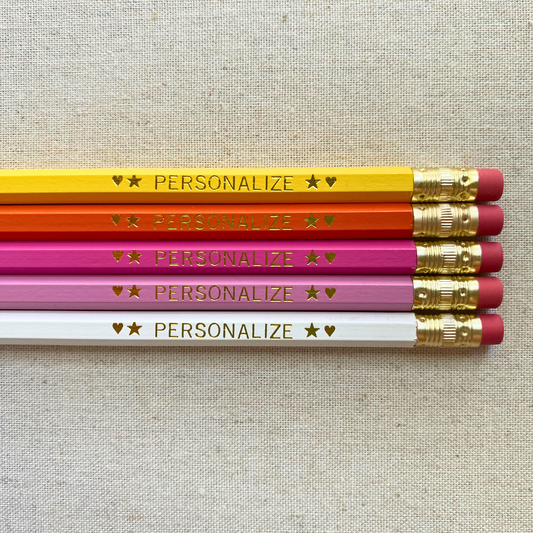 5 Gold Foil Pencils. Pastel Yellow, Orange, Bright Pink, Lavender, White. Customize with a phrase or name.