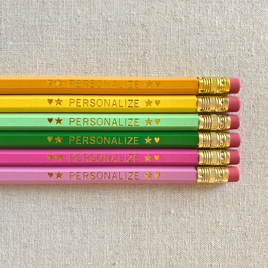 6 Personalized Pencils. Clementine, Yellow, Pastel Blue, Pastel Green, Green Bright Pink, Lavender. Customize with a phrase or a name.
