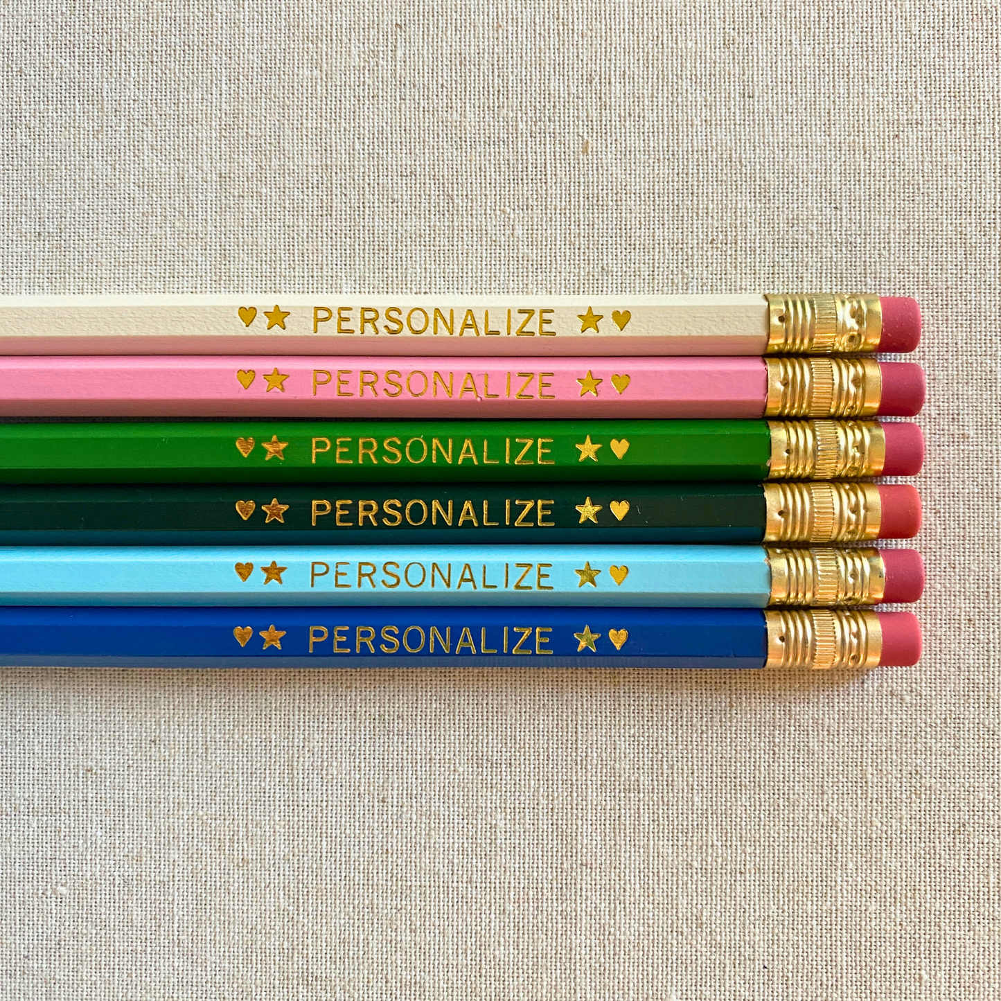 6 Personalized Pencils. Ivory, Pastel Pink, Green, Dark Green, Pastel Blue, Royal Blue. Customize with a name or a phrase.