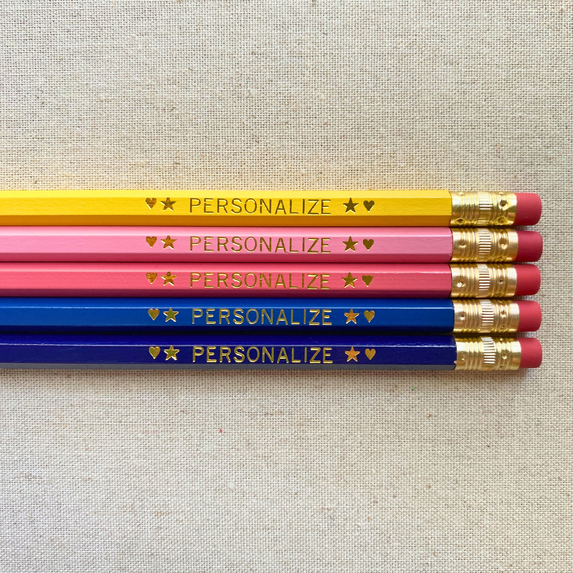 5 Personalized Pencils. Yellow, Pastel Pink, Coral Pink, Royal Blue, Navy Blue. Customize with a name or a phrase.