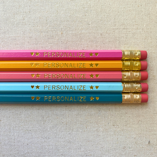 5 Personalized Pencils. Bright Pink, Clementine, Coral Pink, Pastel Blue, Teal. Customize with a name or phrase.