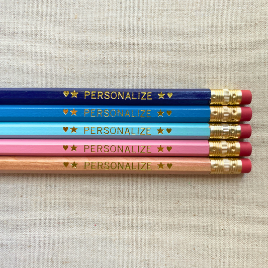 5 Personalized Pencils. Navy Blue, Bright Blue, Pastel Blue, Pastel Pink, Natural. Customize with a name or a phrase.
