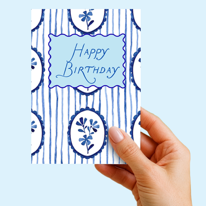 Preppy Birthday Card with Blue Flowers