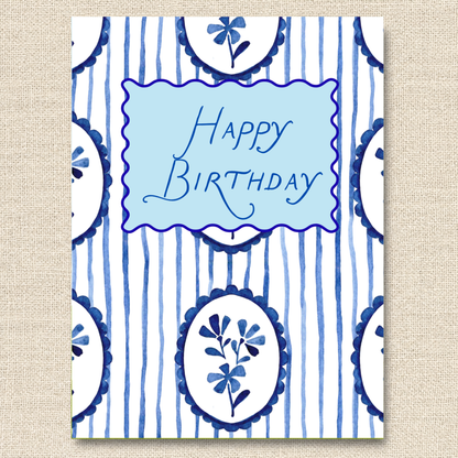 Preppy Birthday Card with Blue Flowers