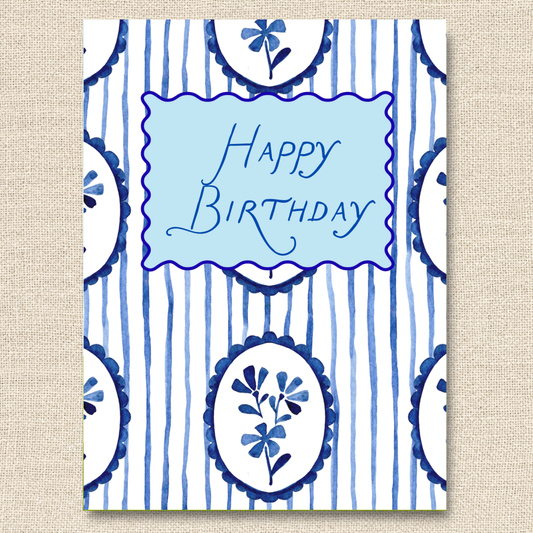 Preppy Birthday Card with Blue Flowers