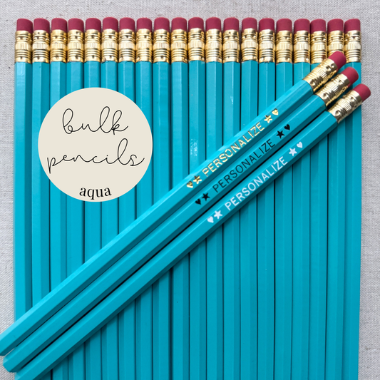 Aqua bulk personalized pencils flat lay in a box with custom text hand-pressed made in the USA for schools events and corporate orders