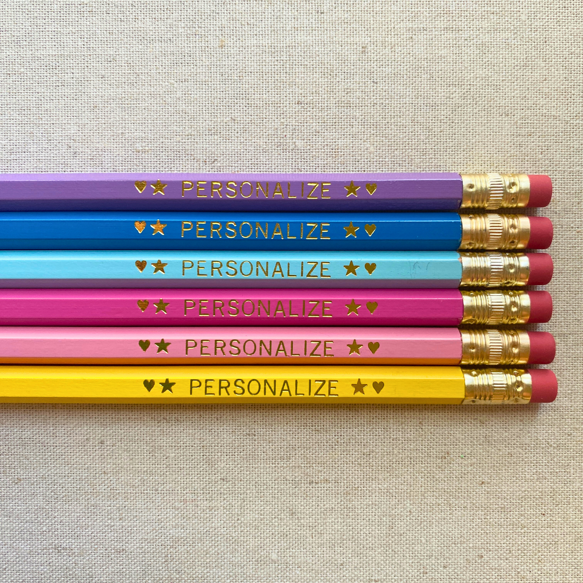 6 Personalized Pencil Set. Lilac, Dark Turquoise, Pastel Blue, Bright Pink, Pastel Pink, Yellow. Customize with a name or phrase.