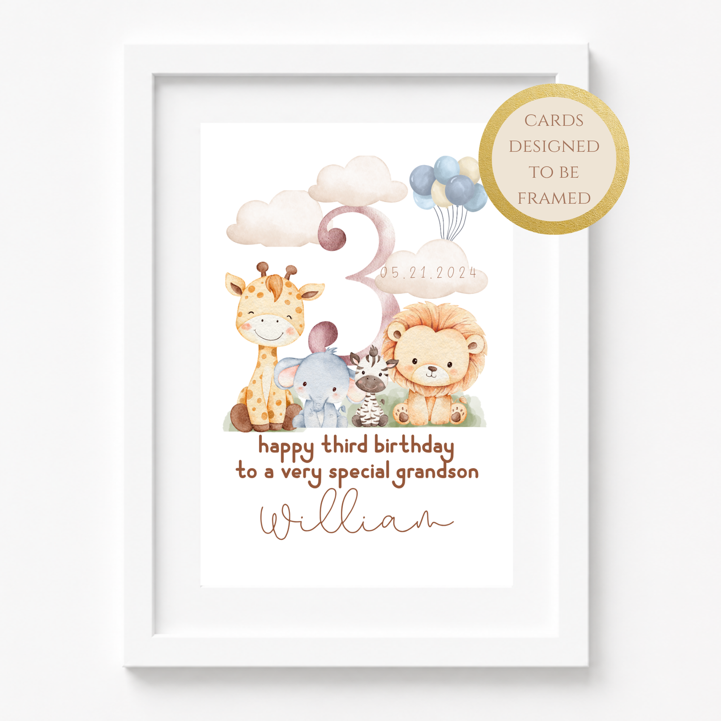 Personalized Safari Third Birthday Card for Grandson, Keepsake Card (Optional Gold Foil)