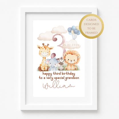 Personalized Safari Third Birthday Card for Grandson, Keepsake Card (Optional Gold Foil)