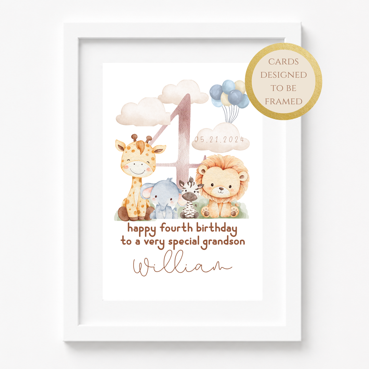 Personalized Safari Fourth Birthday Card for Grandson, Keepsake Card (Optional Gold Foil)