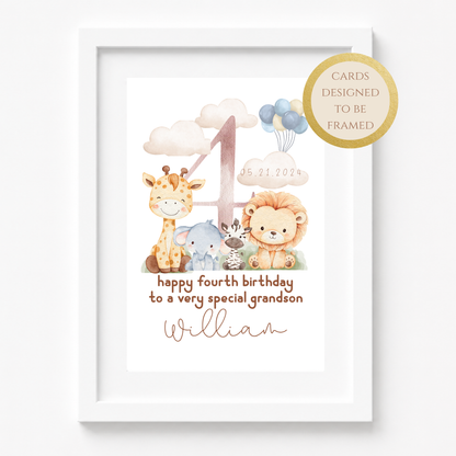 Personalized Safari Fourth Birthday Card for Grandson, Keepsake Card (Optional Gold Foil)