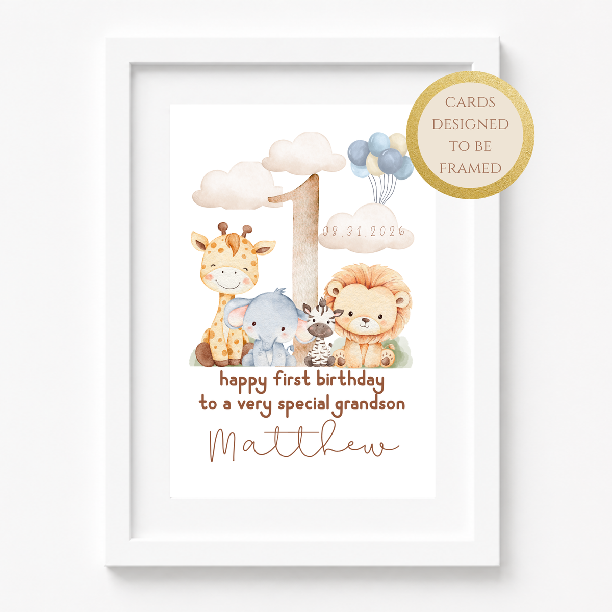 Personalized Safari First Birthday Card for Grandson, Keepsake Card (Optional Gold Foil)