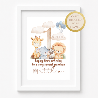 Personalized Safari First Birthday Card for Grandson, Keepsake Card (Optional Gold Foil)