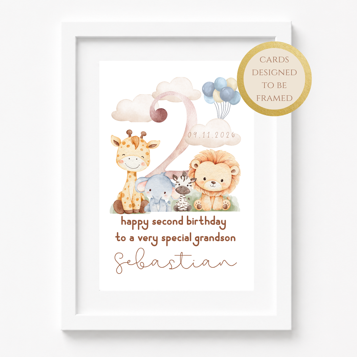 Personalized Safari Second Birthday Card for Grandson, Keepsake Card (Optional Gold Foil)