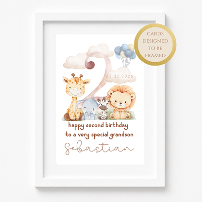 Personalized Safari Second Birthday Card for Grandson, Keepsake Card (Optional Gold Foil)