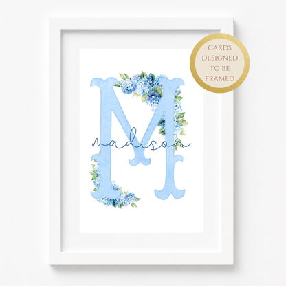 Personalized Floral M Monogram Card, Blue Hydrangea Letter Stationery (Optional Gold Foil)