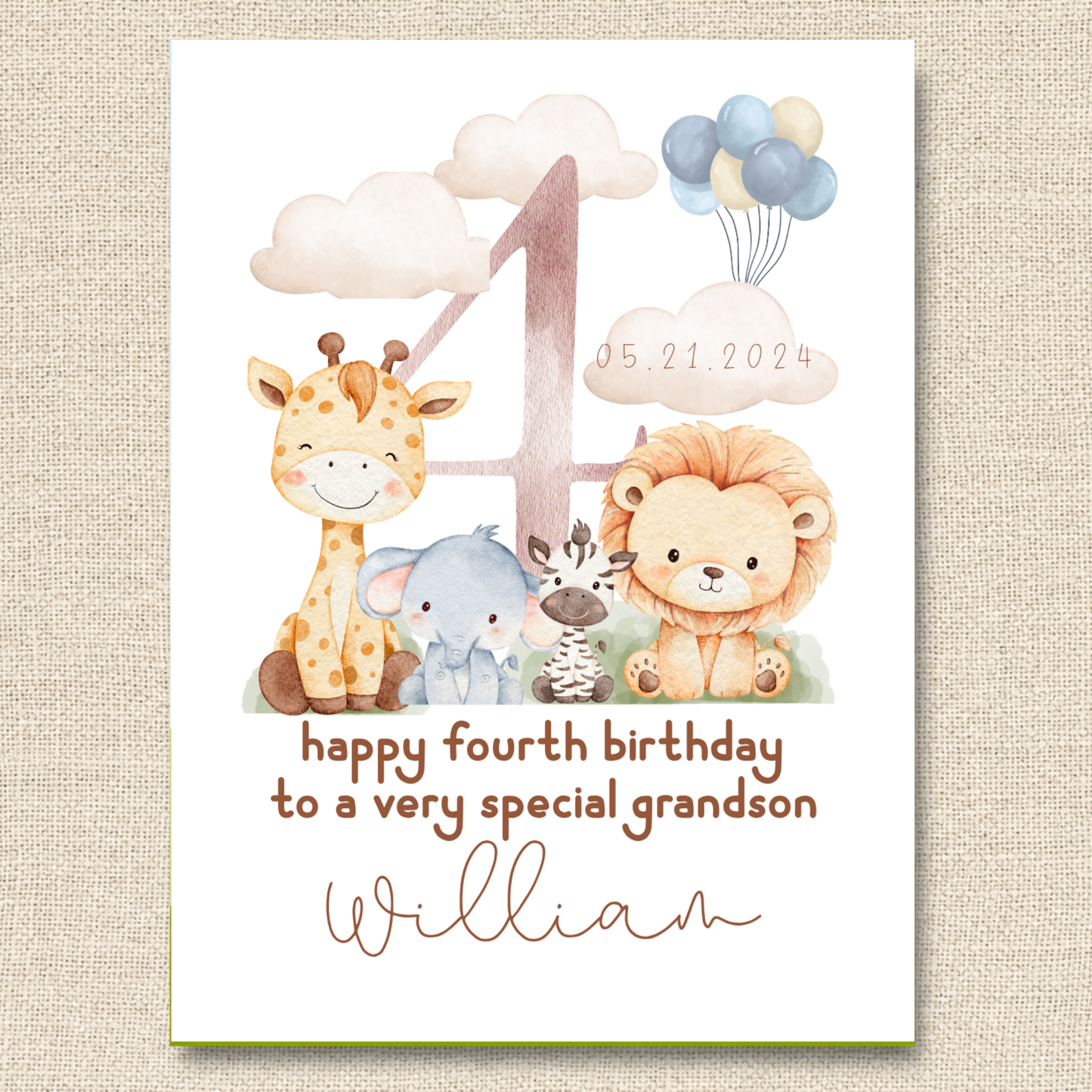 Personalized Safari Fourth Birthday Card for Grandson, Keepsake Card (Optional Gold Foil)