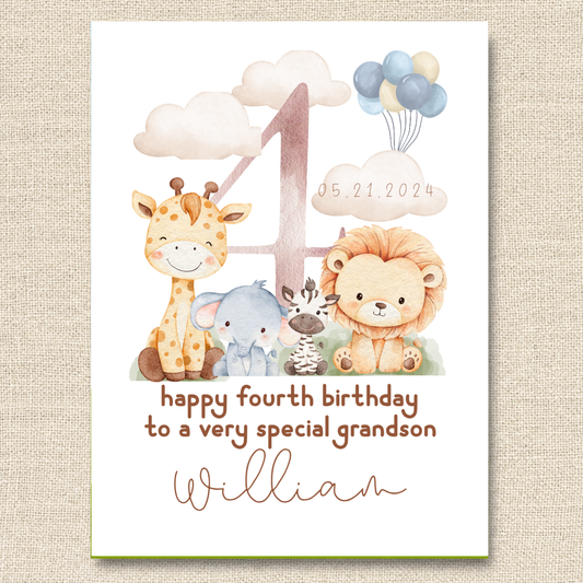 Personalized Safari Fourth Birthday Card for Grandson, Keepsake Card (Optional Gold Foil)
