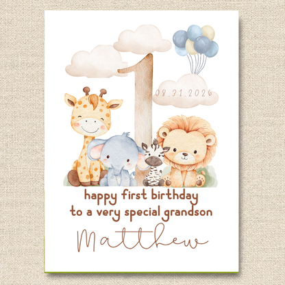 Personalized Safari First Birthday Card for Grandson, Keepsake Card (Optional Gold Foil)