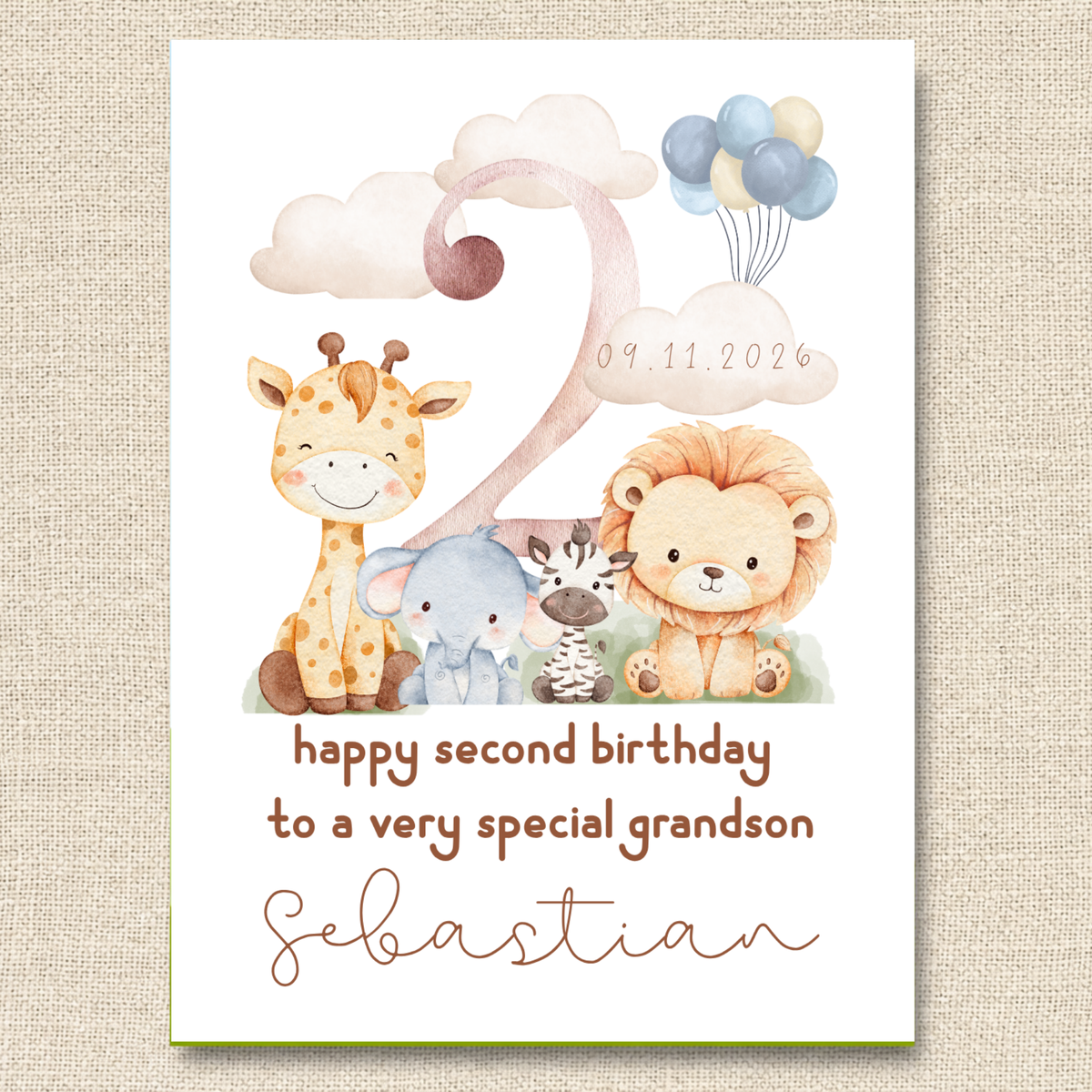 Personalized Safari Second Birthday Card for Grandson, Keepsake Card (Optional Gold Foil)