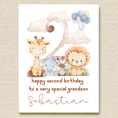 Personalized Safari Second Birthday Card for Grandson, Keepsake Card (Optional Gold Foil)