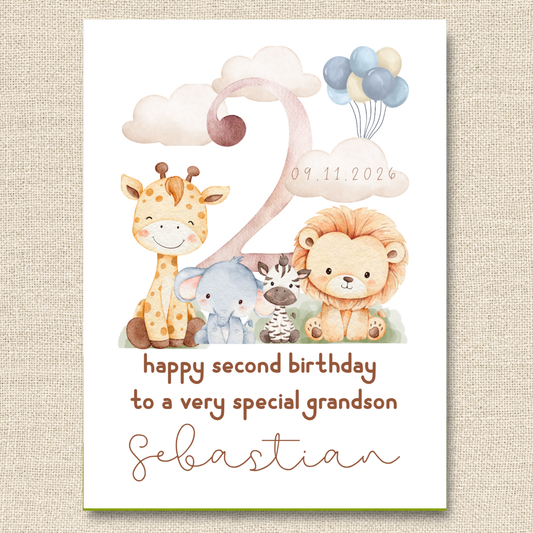 Personalized Safari Second Birthday Card for Grandson, Keepsake Card (Optional Gold Foil)
