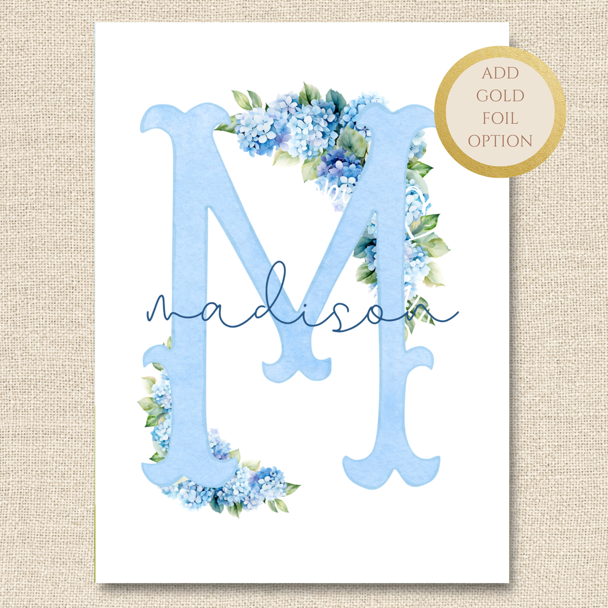 Personalized Floral M Monogram Card, Blue Hydrangea Letter Stationery (Optional Gold Foil)