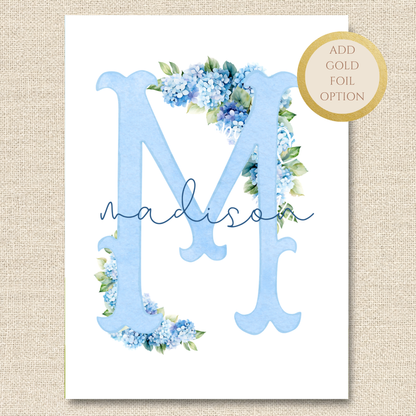 Personalized Floral M Monogram Card, Blue Hydrangea Letter Stationery (Optional Gold Foil)