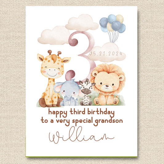 Personalized Safari Third Birthday Card for Grandson, Keepsake Card (Optional Gold Foil)