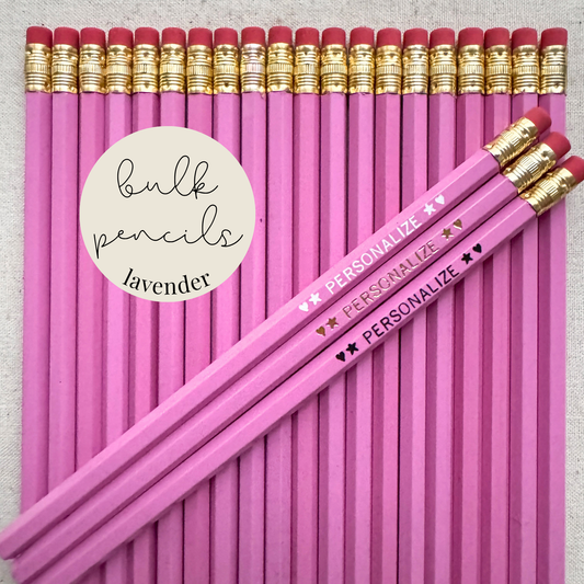Lavender bulk personalized pencils flat lay in a box with custom text hand-pressed made in the USA for schools events and corporate orders